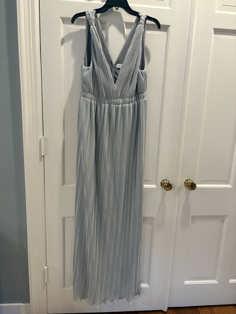 Halston V-Neck Silver Pleated Gown